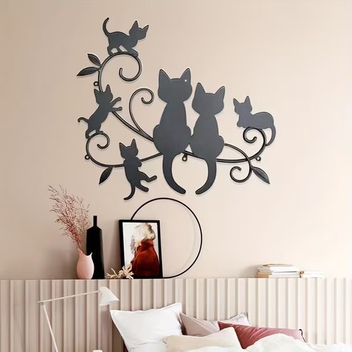Black metal cat family wall - black,