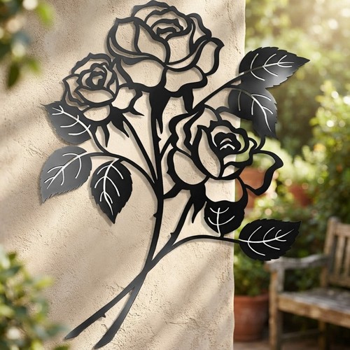 Elegant black metal rose wall - black,